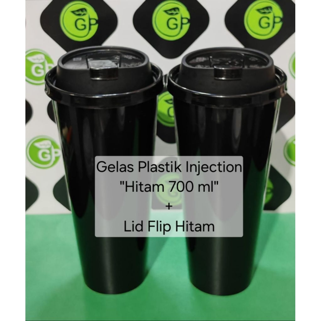 Gelas Plastik Injection Warna Hitam 700 ml + Lid Injection Flip Hitam (Harga Untuk 50 Set)