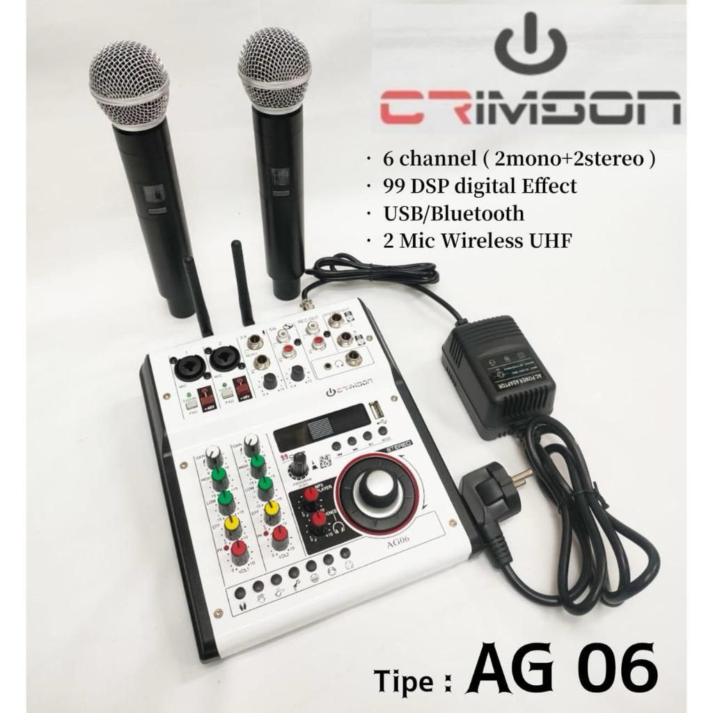 PAKET MIXER & MIC WIRELESS MIXER CRIMSON AG 06 6 CHANNEL MIC WIRELESS UHF Karaoke Digital ORIGINAL T