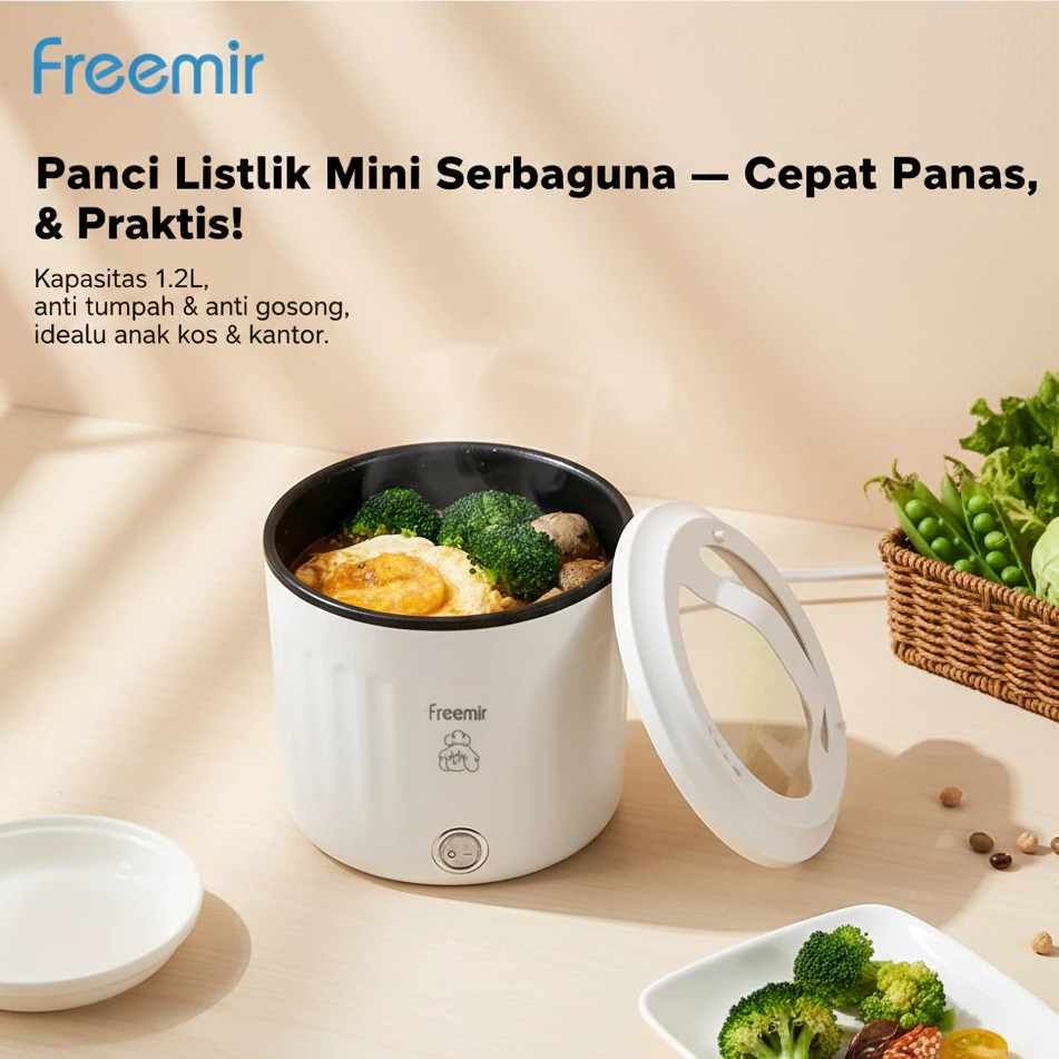 freemir Electric Panci Mini Anti Lengket 15cm Serbaguna 450W Bisa Rebus Goreng 1.2L Cepat Panas