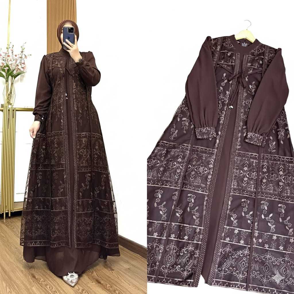 Davina Dress Brokat Pesta Coklat Mahogany Gamis Lebaran Wanita Ceruty Babydoll Mix Brukat M L XL XXL