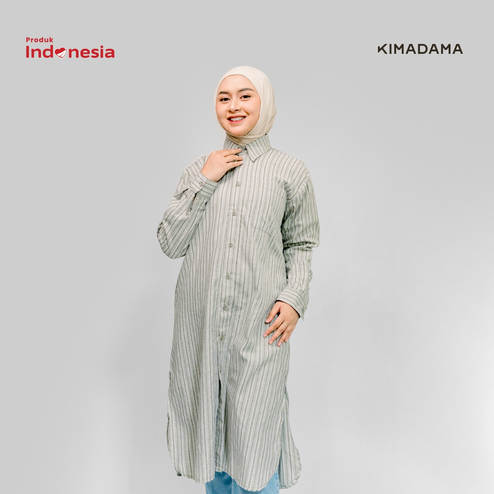Tunik Dress Katun Wanita KAMANIYA Matcha | Kemeja Stripes  Warna Hijau Sage Premium