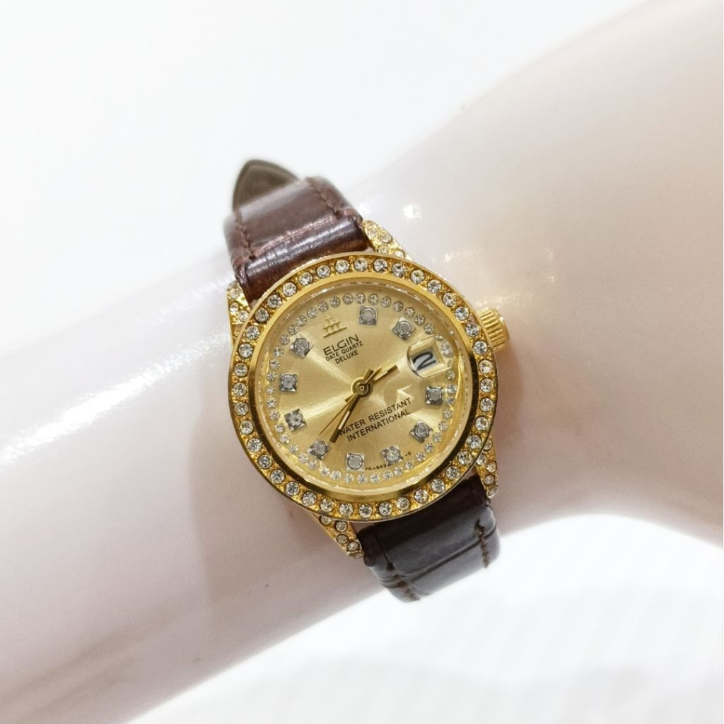 Jam Tangan Elgin Deluxe International President Ladies Date Quartz Watch Wanita Mewah Luxury Asli