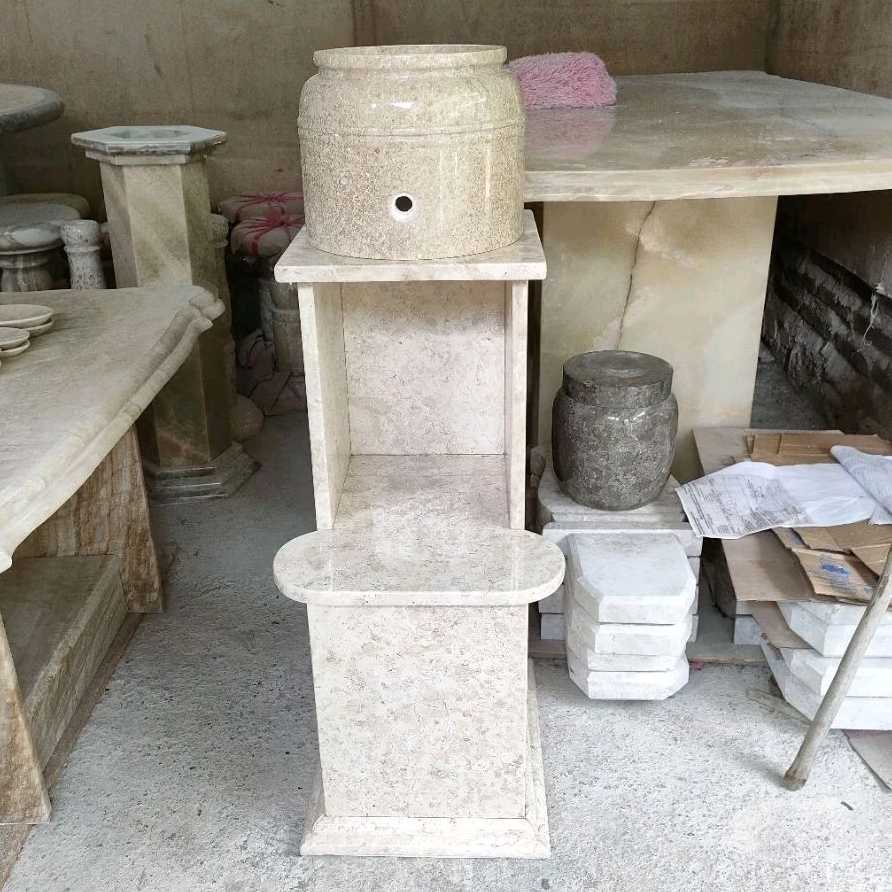 Set guci tempat galon air minum dan kaki model kotak full batu marmer putih krem glossy guci ukuran 