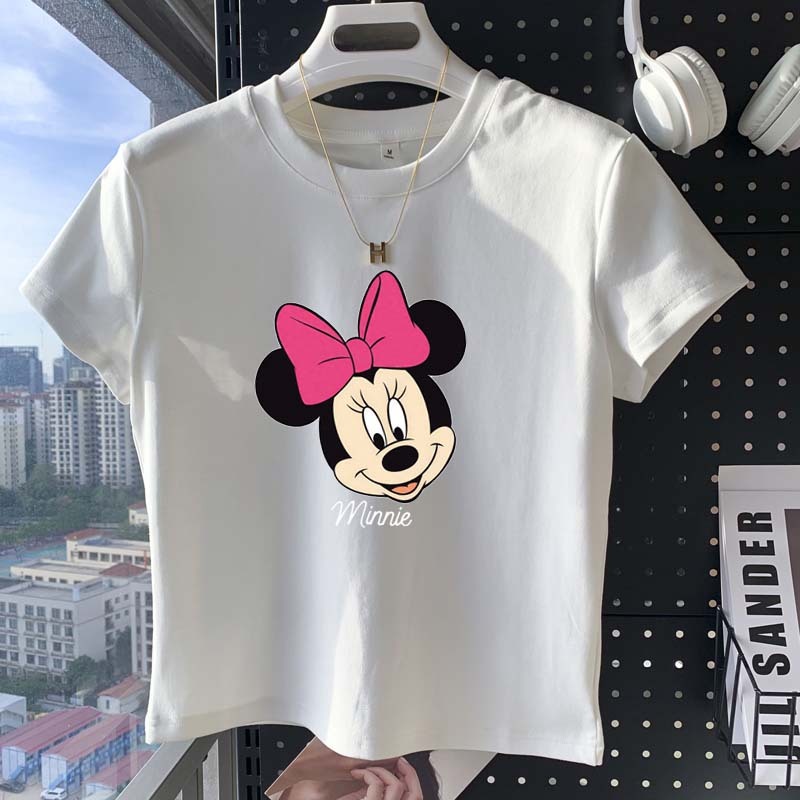 Peach Fashion Motif Mickey Mouse Disney trendi ala Korea T-Shirt Crop Top Lengan Pendek Kaos Wanita 