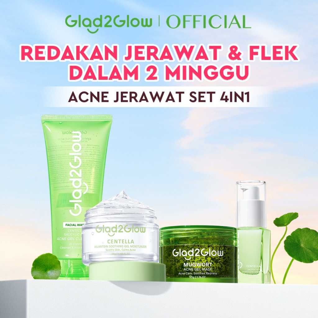 Glad2Glow Acne Jerawat Bundle 4pcs paket Centella madeca cream-Moisturizer+Serum+Cleanser+Toner Skin