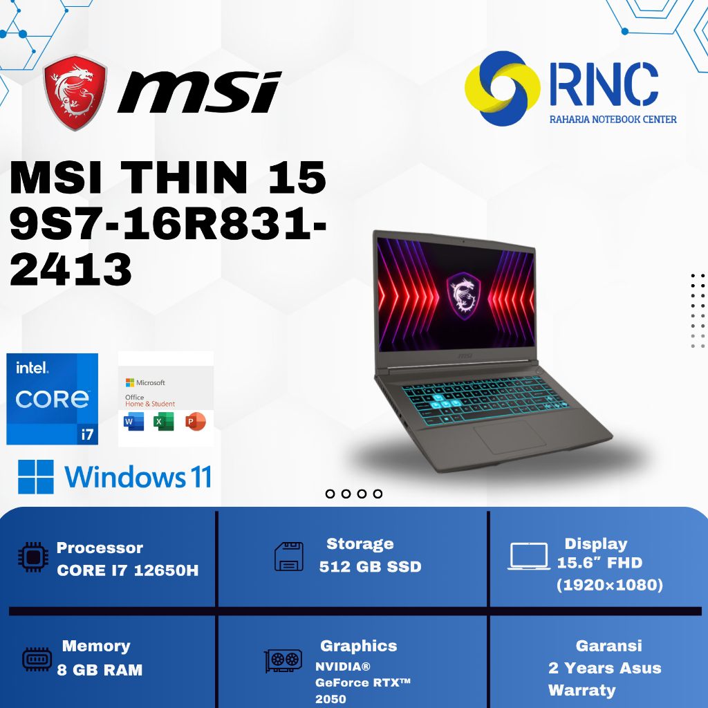 Laptop MSI Thin 15 9S7-16R831-2413 | Intel Core i7-12650H | RAM 8GB | SSD 512GB | RTX 2050
