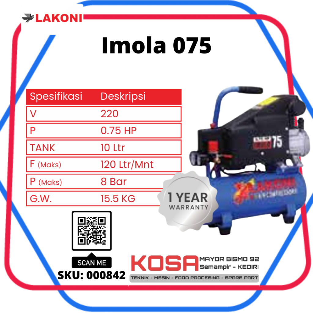 LAKONI IMOLA 75 Kompresor LAKONI Imola 75 0.75Hp 10L LAKONI Kompresor Cat 10L 3/4Hp