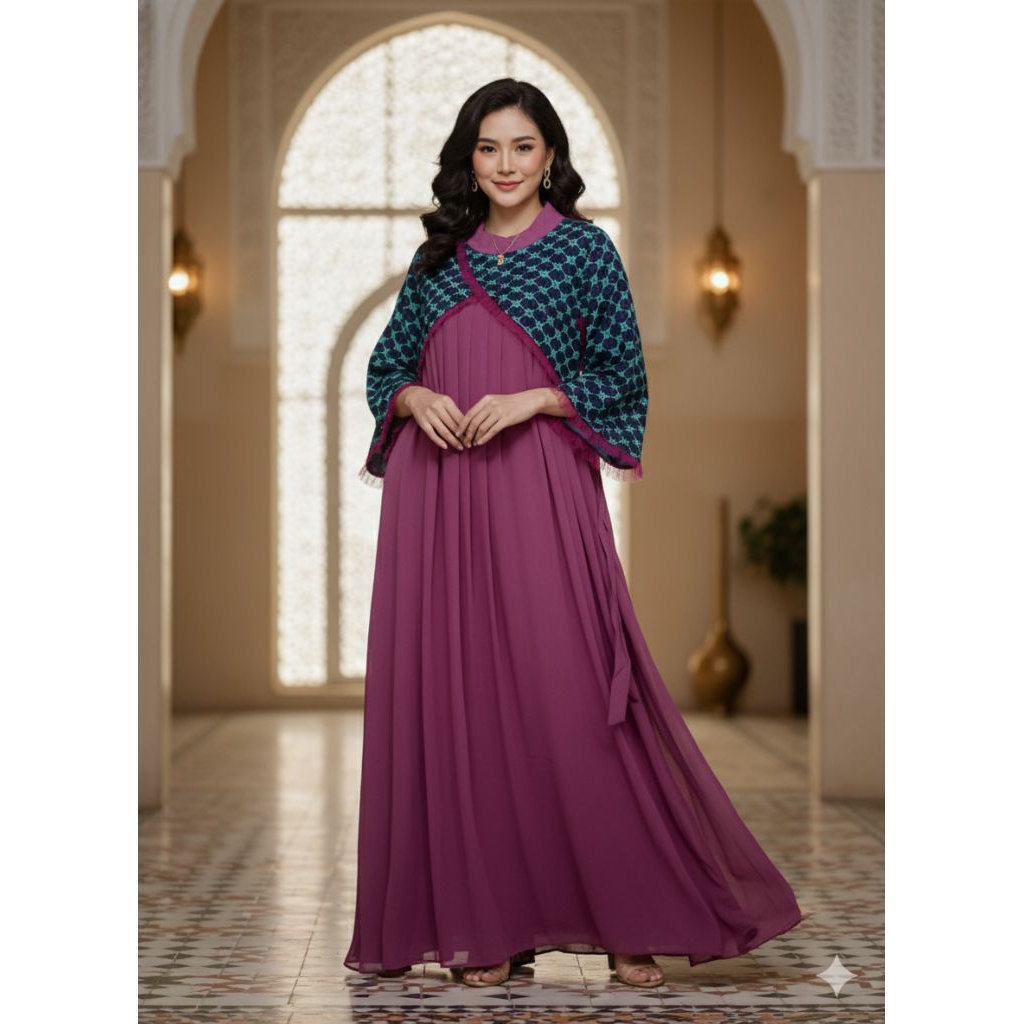 Gamis Longdress Plisket Mayung Kombinasi Motif - Dress Pesta Mewah Anggun - Busana Muslimah Elegan L