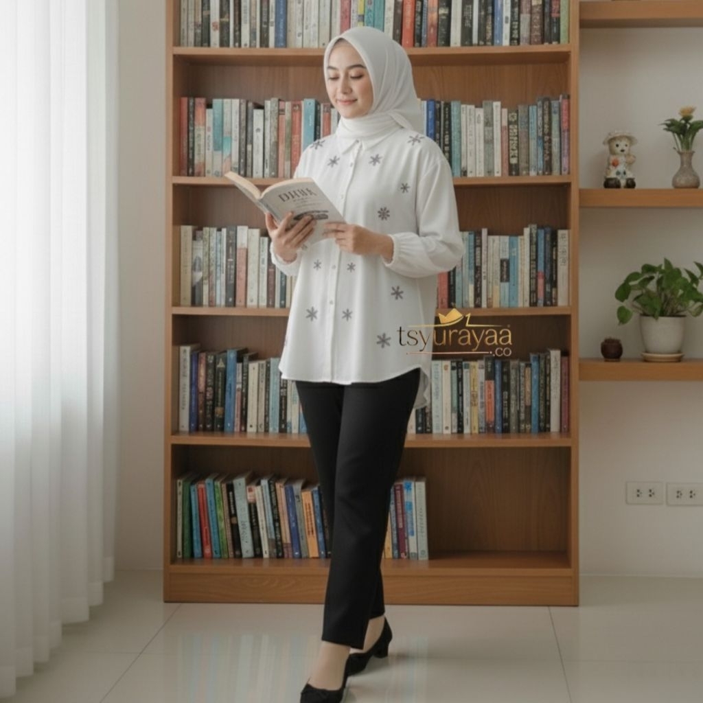 Atasan Wanita Blouse Bordir Motif Salju - Kemeja Wanita Rayon Twill Premium