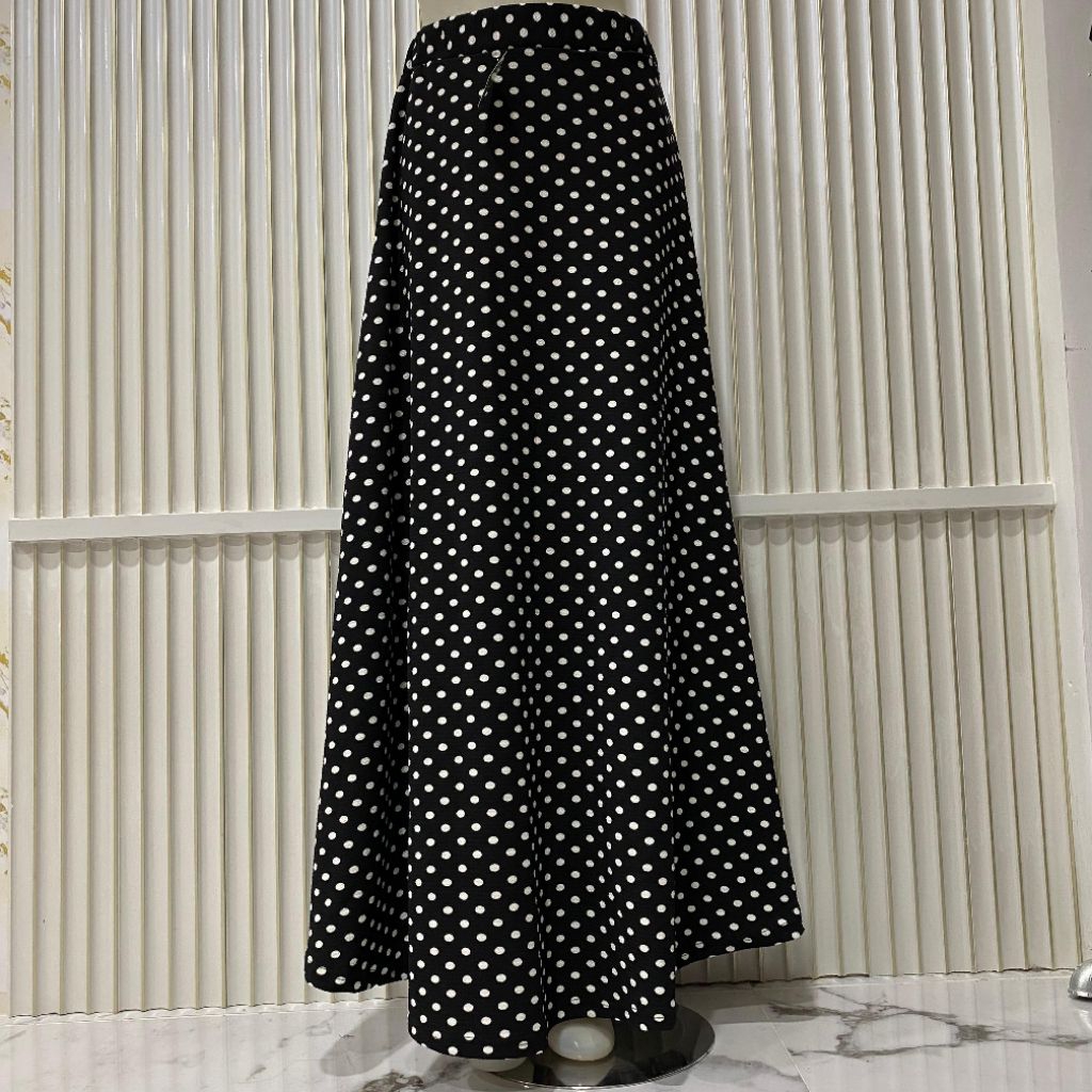 Rok Panjang Wanita Motif Polkadot Bahan Wafel Pinggang Full Karet