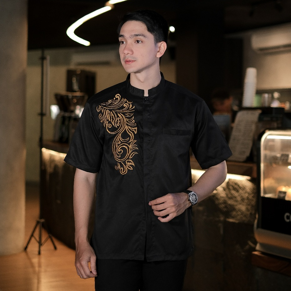 Bastoh Baju Koko Pria Lengan Pendek Kemeja Koko Bordir Gold Maru Hitam Dewasa