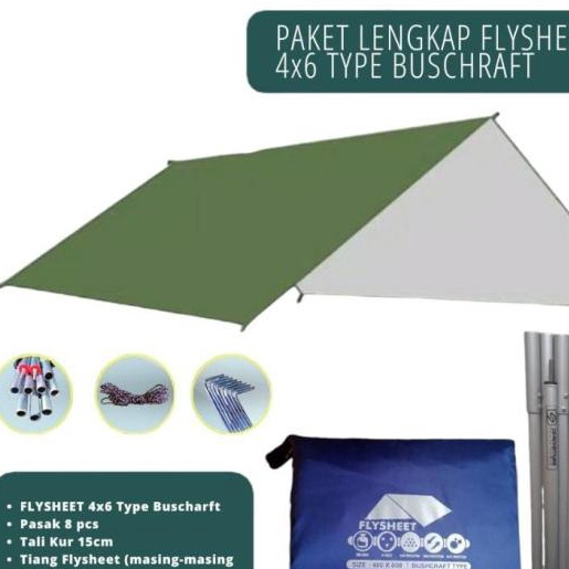 Paket flysheet 4x6 full set + pasak + tali + tiang flysheet bushcraft