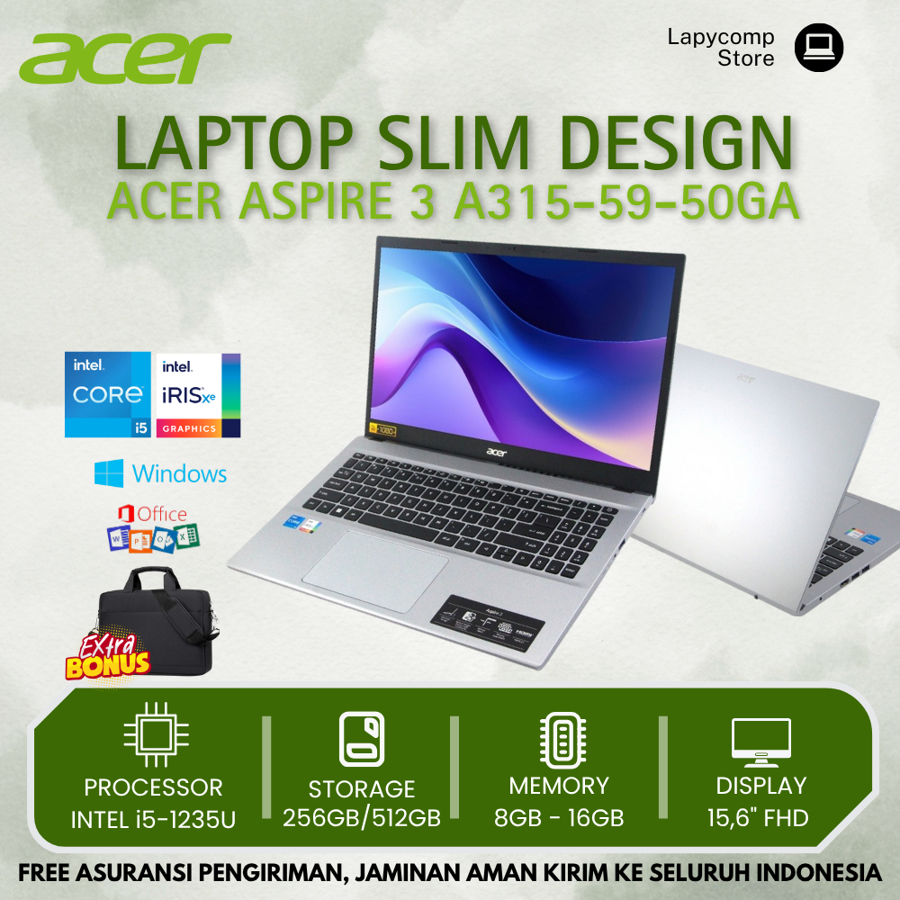 Laptop Kuliah Bisnis Acer Aspire A315-50GA Intel i5 Gen 12 RAM 20GB SSD 256GB 15,6" FHD FREE TAS