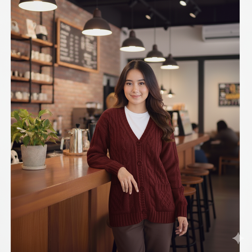 Distro- Cable Cardy Kardigan Rajut Kepang Jumbo Wanita Panjang Kancing Oversize Tebal Terbaru Impor