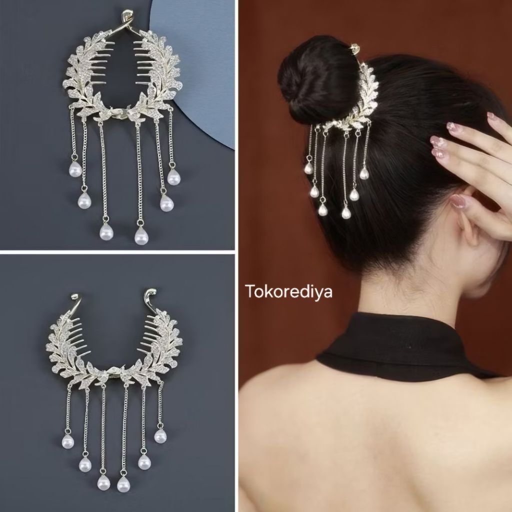 Jepitan Rambut Wanita Korea Sanggul Motif Rumbai Permata Mutiara JR-842 Aksesoris Rambut Premium