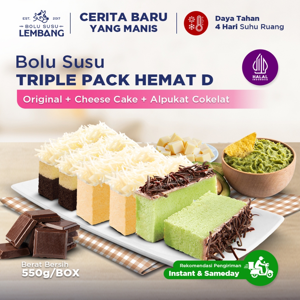 Bolu Susu Lembang Triple Pack D (Reguler - Original + Cheese Cake + Alpukat Cokelat) - Oleh-oleh Kha