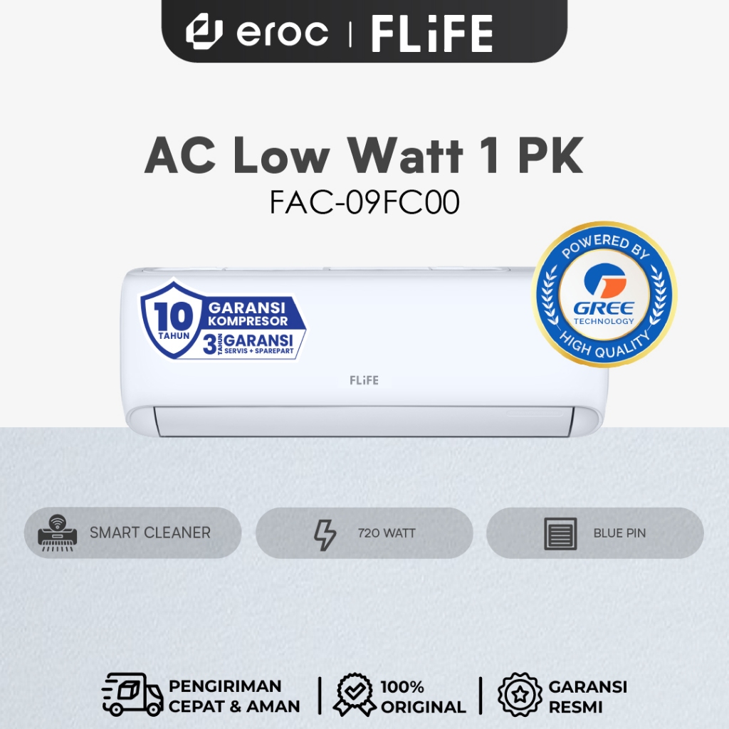 FLIFE AC LOW WATT - Hemat Listrik - Self Diagnosis - Auto Clean - 720 watt - 1 PK - FAC-09FCOO