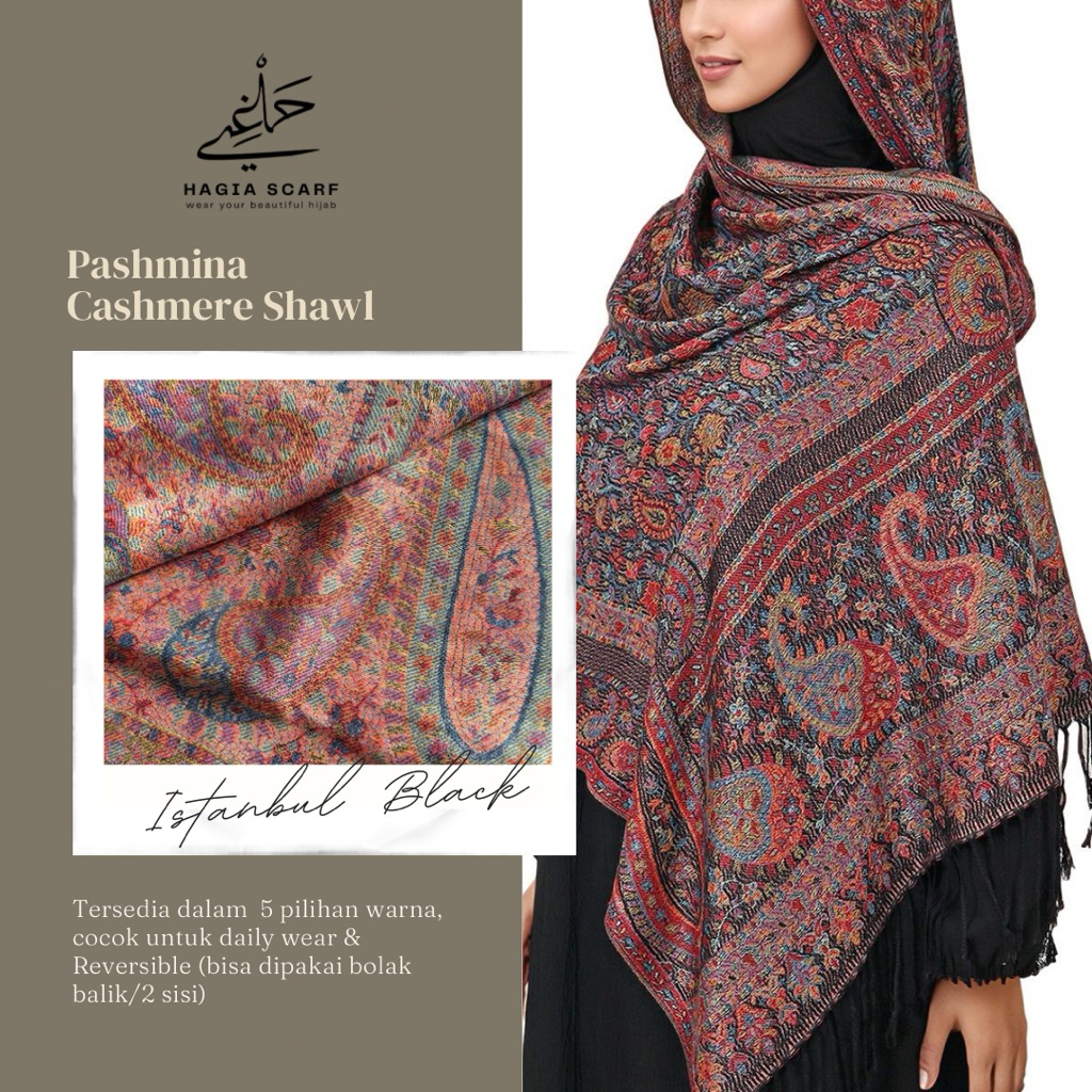 BY HAGIA SCARF - PASHMINA CASHMERE SHAWL ISTANBUL SERIES WARNA BLACK READY STOCK