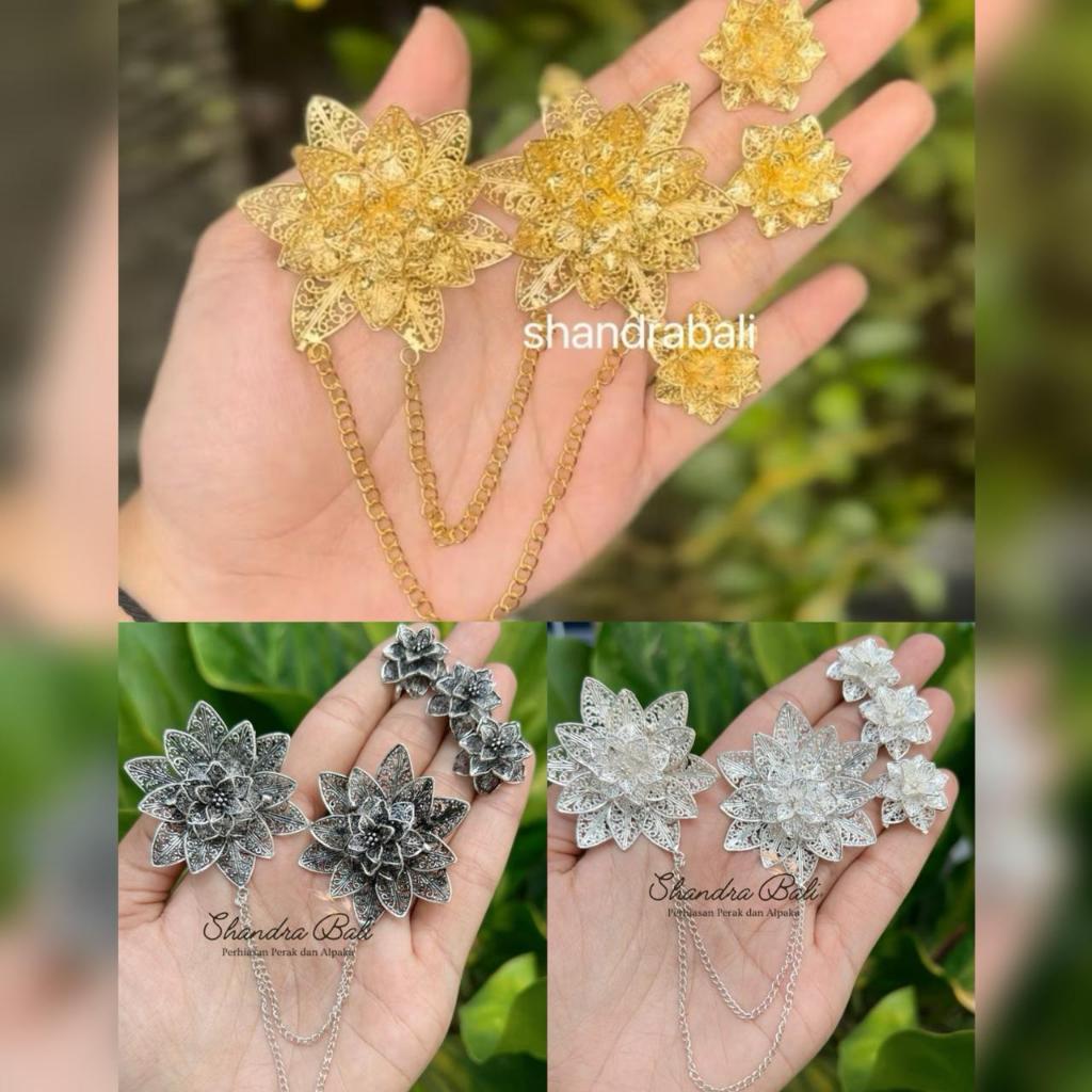Shandra Bali - Set Bros Kancing Peniti Motif Bunga Kendari Alpaka Lapis Emas Warna Gold Perak Bakar 