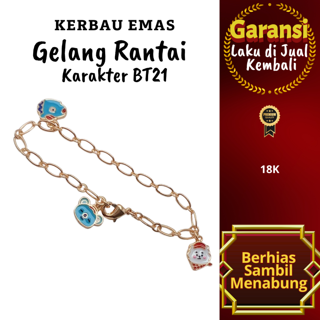 GTRA 1006 Kerbau Emas Gelang Rantai Anak Karakter BT21 Warna 18K Ready Ukuran 13,5cm