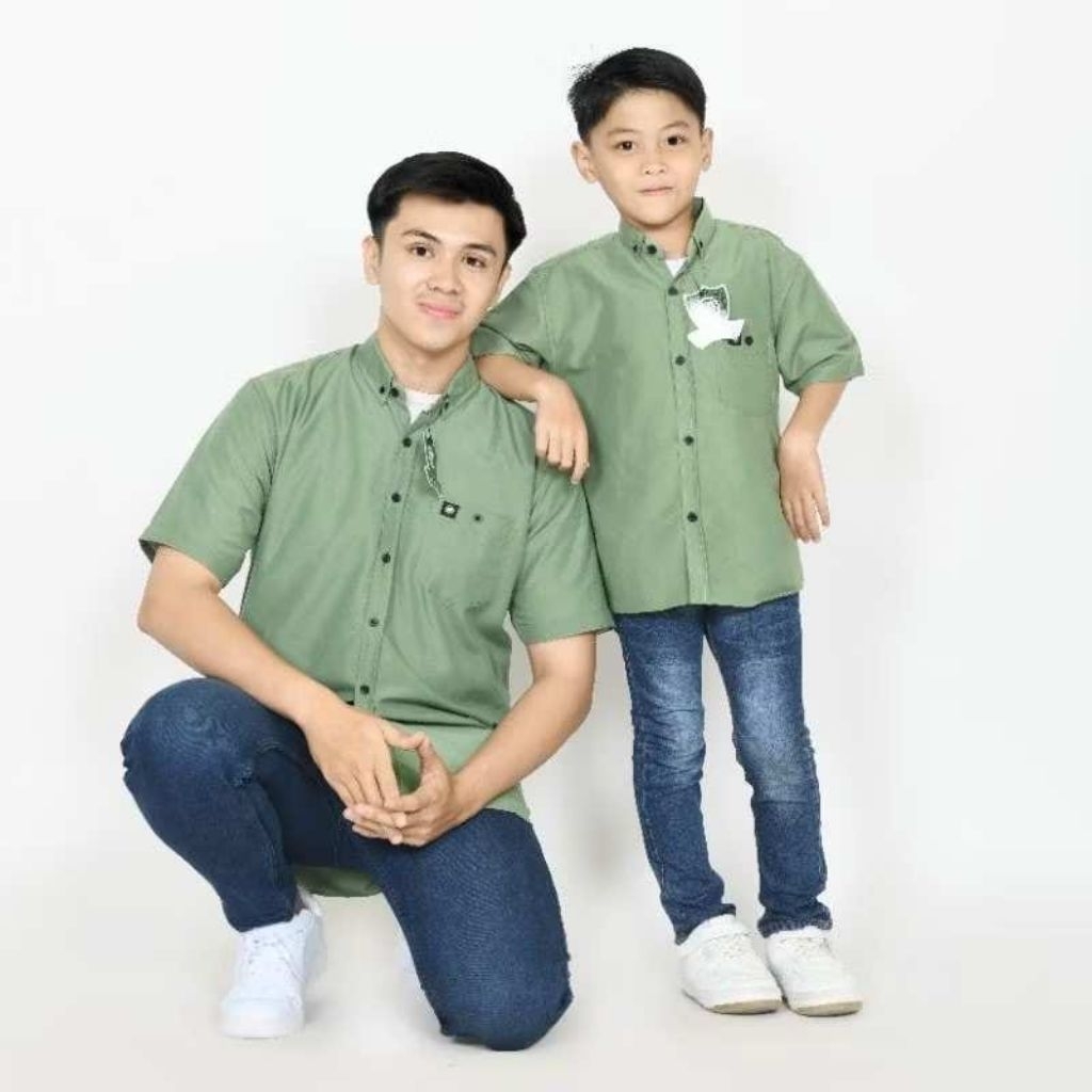 Riza 19 - Baju koko kemeja couple ayah anak hijau ijo alpukat series katun jumbo ukuran S M L XL 2XL