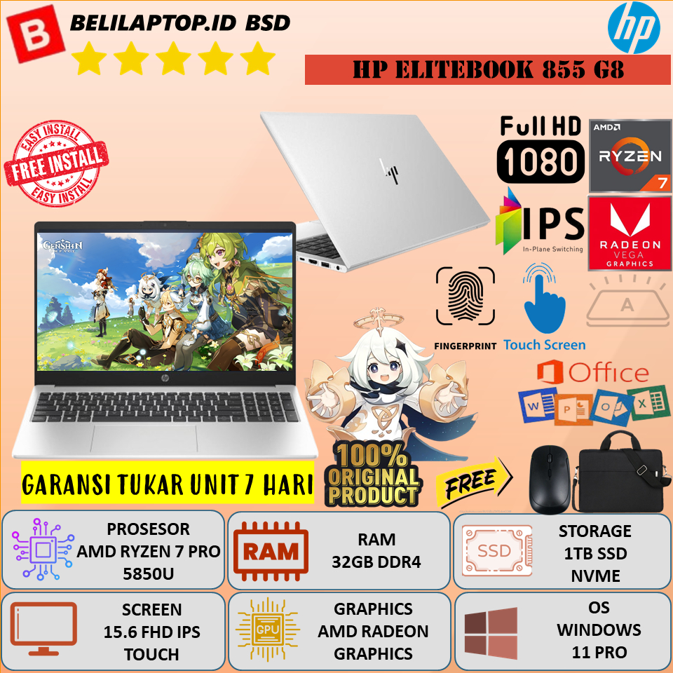 Laptop Gaming HP Elitebook 855 G8 Amd Ryzen 7 Pro 5850U Ram 32GB DDR4 1TB SSD 15.6'' FHD IPS Touch W