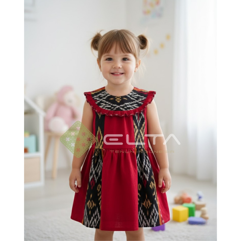 elta tenun Dress Anak Tenun Motif Rote Merah – Baju Anak Perempuan Etnik Modern | Pakaian Anak Lucu 