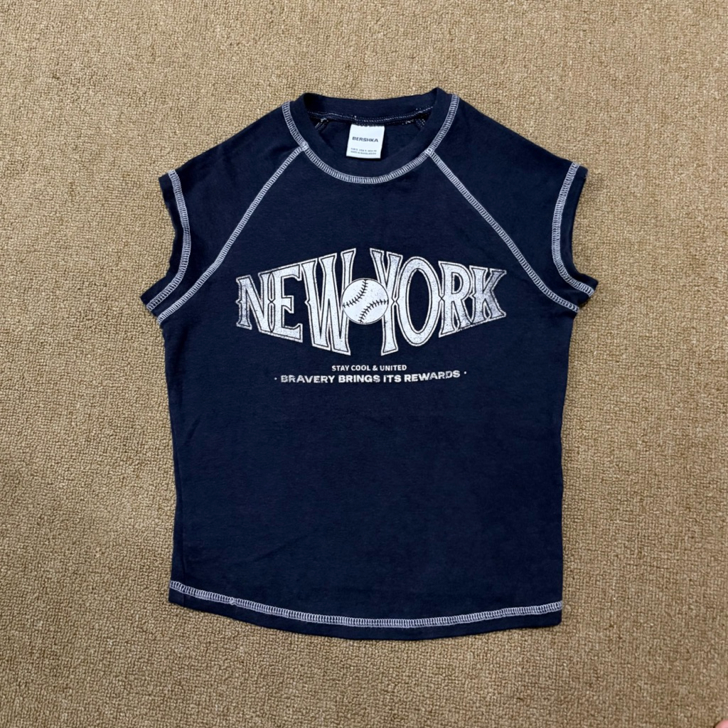 Bershka Blue Navy Crop Top New York Rare