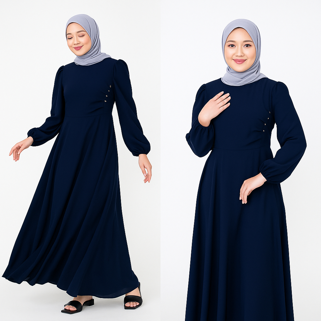 Naomi Dress Navy V1 / Dress Rempel / Dress kondangan / Dress Ceruty Polos Hiasan Mutiara Putih