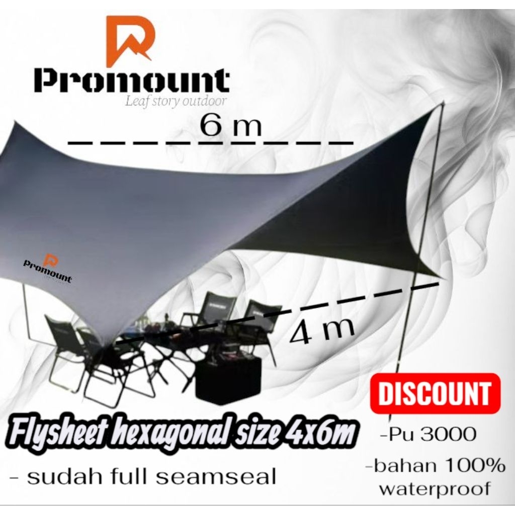 Flysheet Camping 4x6 Promount Outdoor – Flysheet Hexagonal Waterproof 150D PU3000mm Tenda Atap Anti 