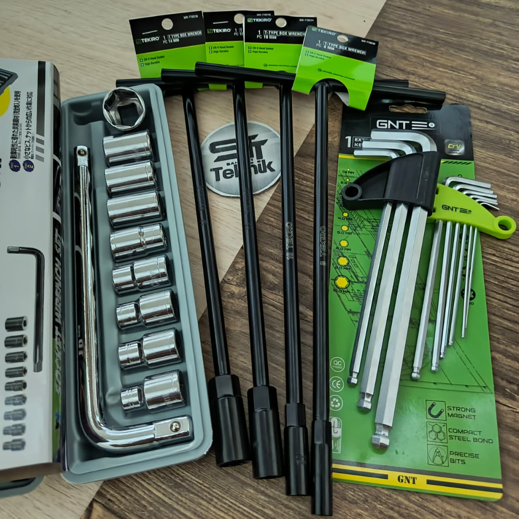 Tekiro kunci shock T 8mm 10mm 12mm 14mm kunci shock/ sock set 10Pcs + Kunci L 9pcs