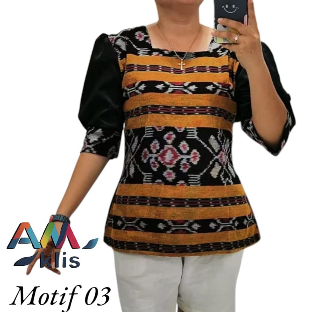 atasan wanita blouse lengan balon kain tenun Troso mix toyobo baju kantor