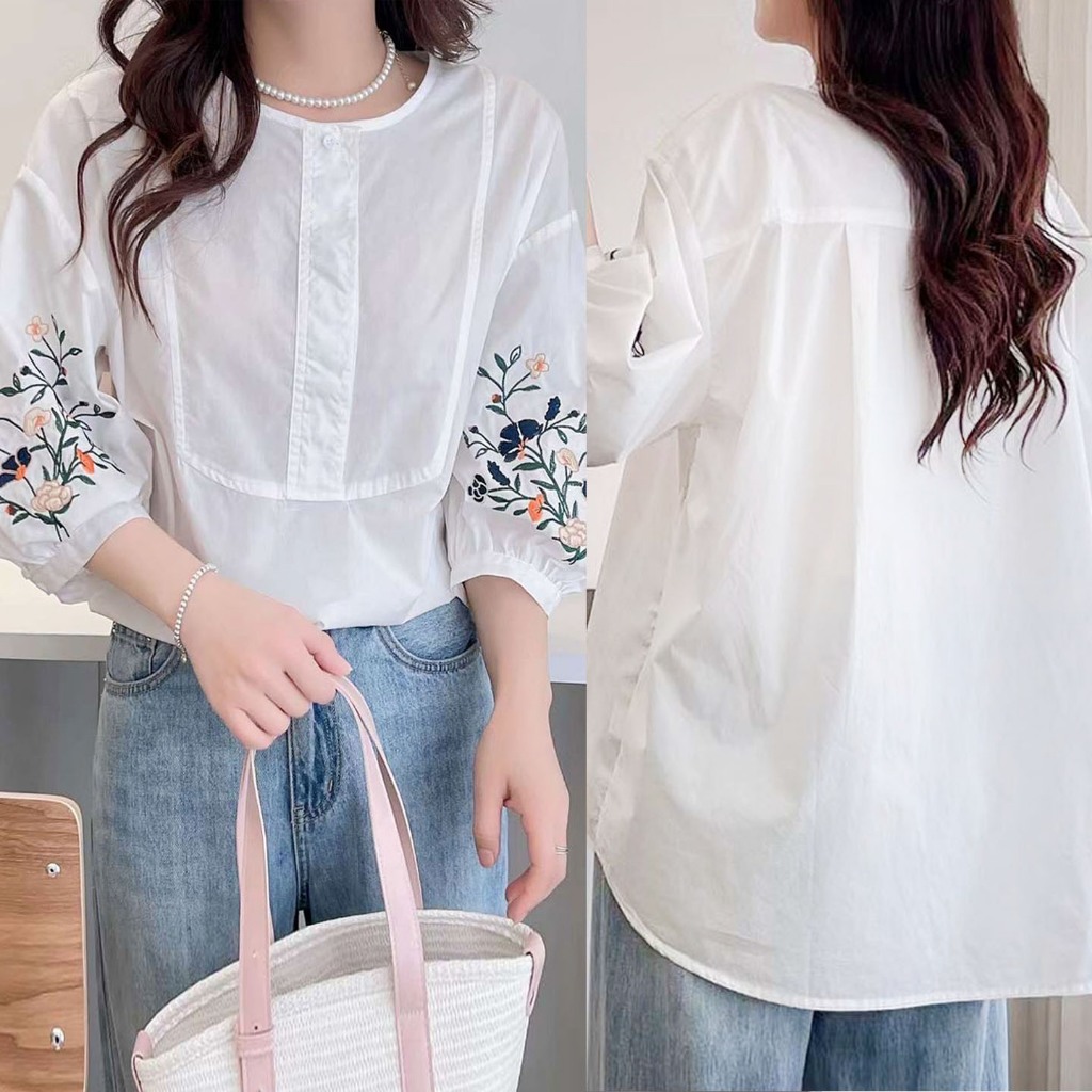 BLUS KATUN PUTIH LENGAN 3/4 ELBOW BORDIR BUNGA KOREA IMPORT