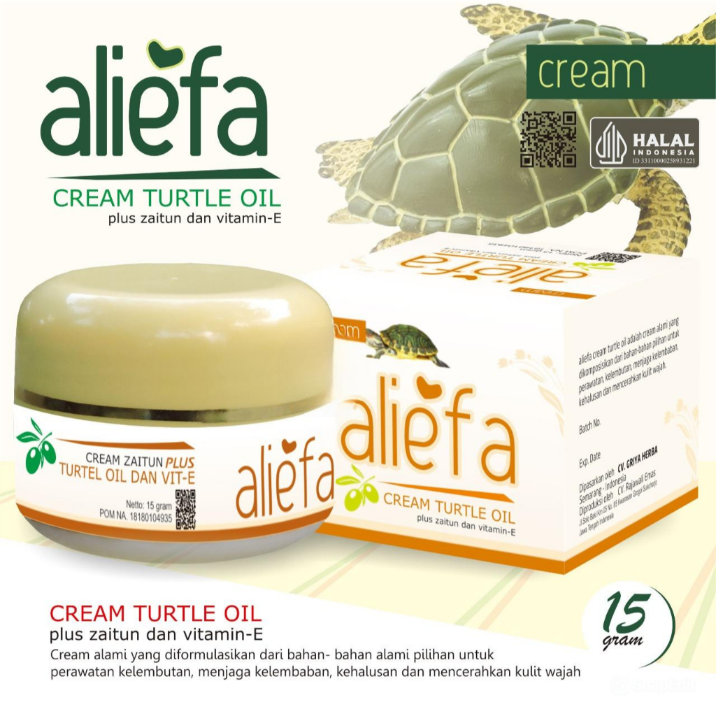 ALIEFA Cream Wajah Zaitun Plus Turtle Oil & Vitamin E Krim Minyak Bulus Berat 15 Gram Original BPOM