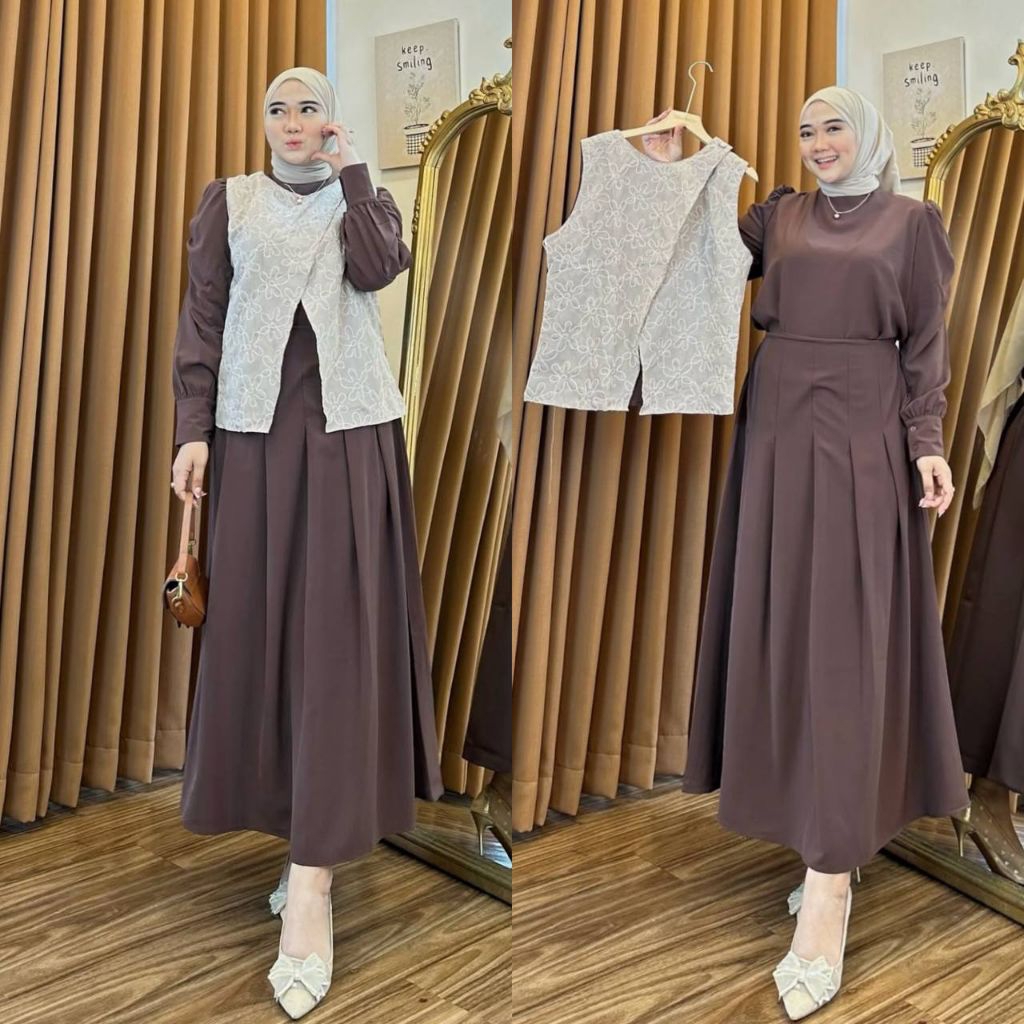 Ravina set 3in1 setelan blouse vest terpisah onesetrok floy shakila polos setelan wanita terbaru