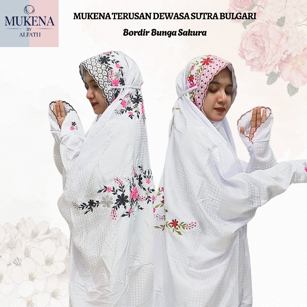 Mukena Terusan Dewasa Sutera Bulgari Bordir Bunga Sakura Menawan Indah