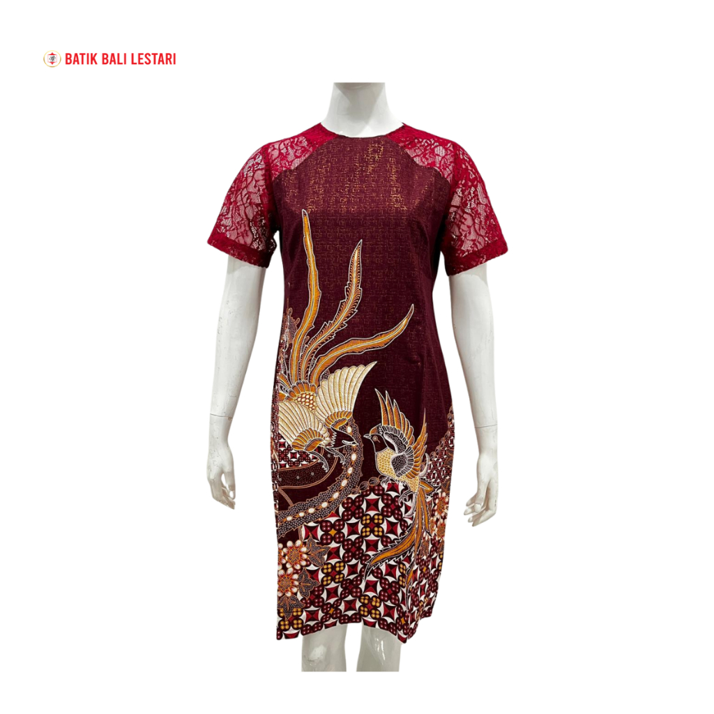 Batik Bali Lestari Dress Midi Wanita Lengan Pendek Katun Warna Maroon Motif Batik Bali Midi Dress Wa