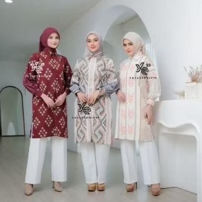 Nara tunik tenun wanita, atasan wanita ethnic, kemeja kuliah, tunik kerja