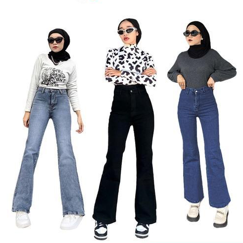 Jeans Lvs-Jiniso Stretch Cutbray Celana Jeans Wanita Highwaist
