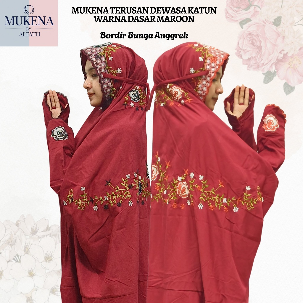 Mukena Terusan Dewasa Katun Mikro Super Soft Kain Dasar Warna Maroon Motif Bordir Bunga Anggrek