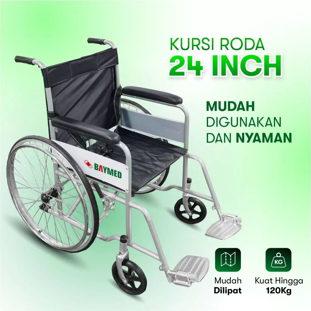 BAYMED - Kursi Roda 24 Inch Lipat Kuat Menopang Beban 100kg Untuk Dewasa & Lansia