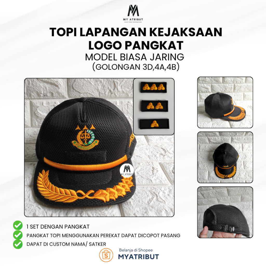 Topi Lapangan Kejaksaan Logo Pangkat Model Biasa Jaring Golongan 3D,4A,4B | Topi PDL Kejaksaan