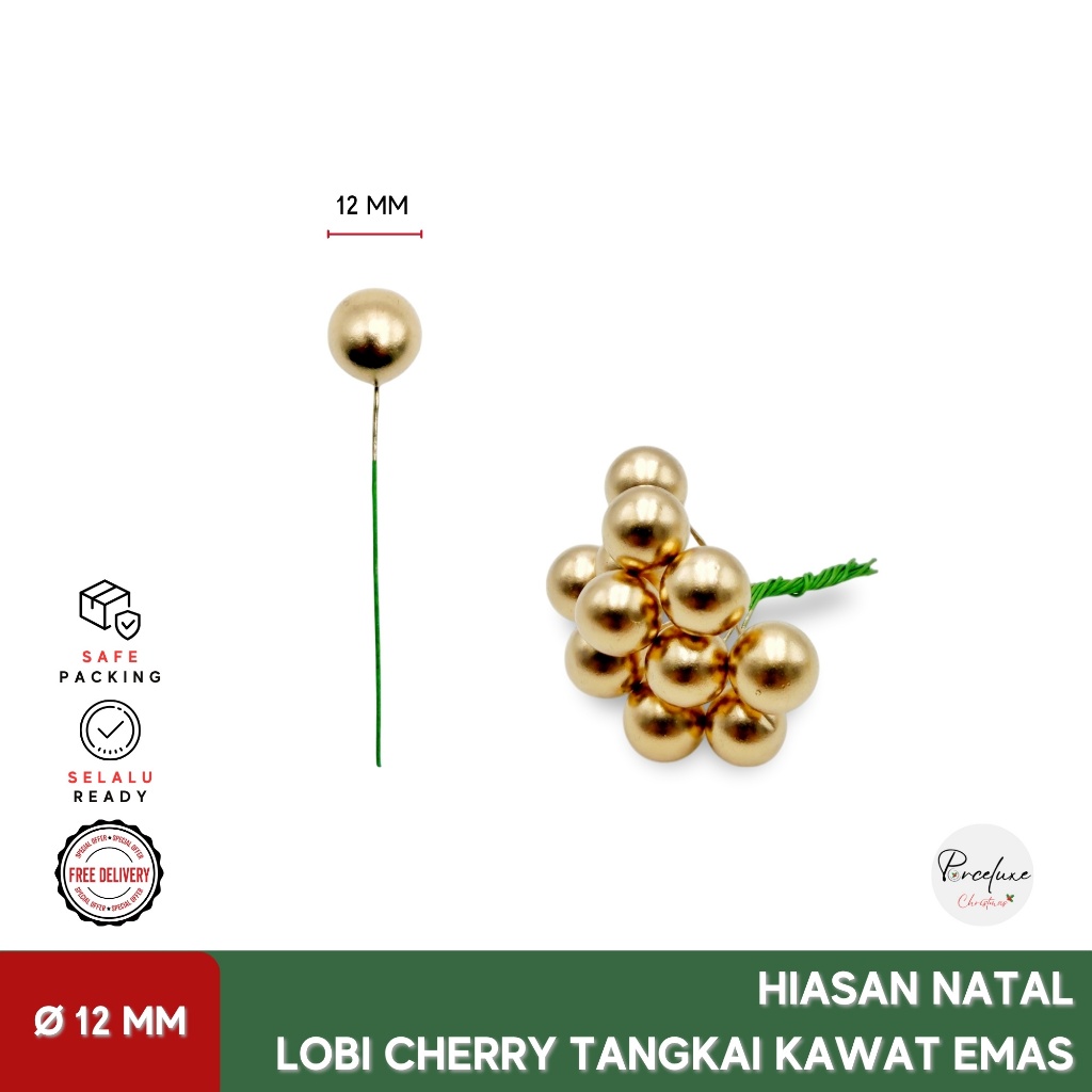 DIY Dekorasi Hiasan Natal Lobi Cherry Bulat Emas 12 mm Tangkai Kawat Pohon Putik Bunga Artificial