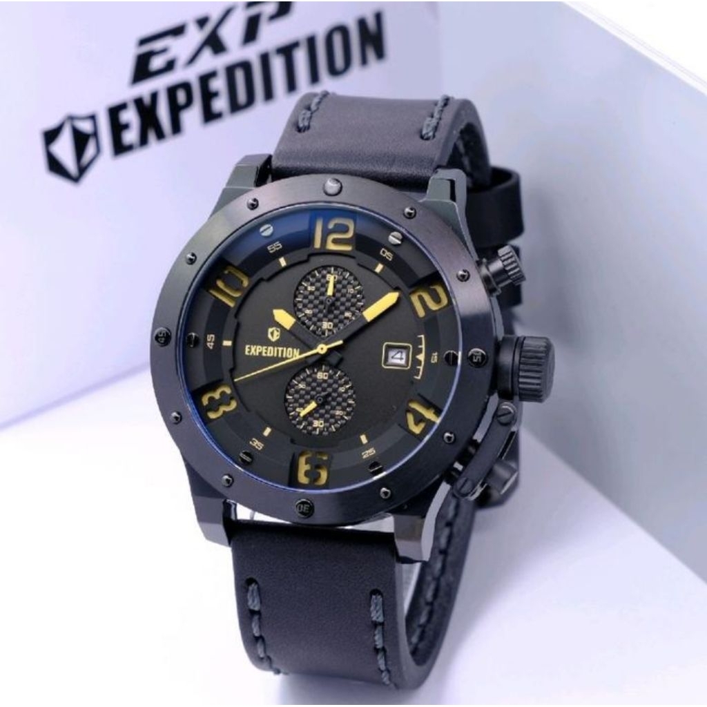 Expedition kulit pria chronograph E6381 black cream garansi 1 tahun