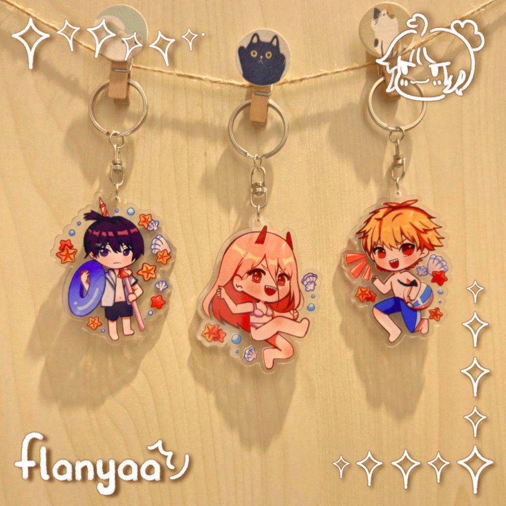 Chainsaw Man Beach ver. Keychain & Sticker - Denji Power Aki