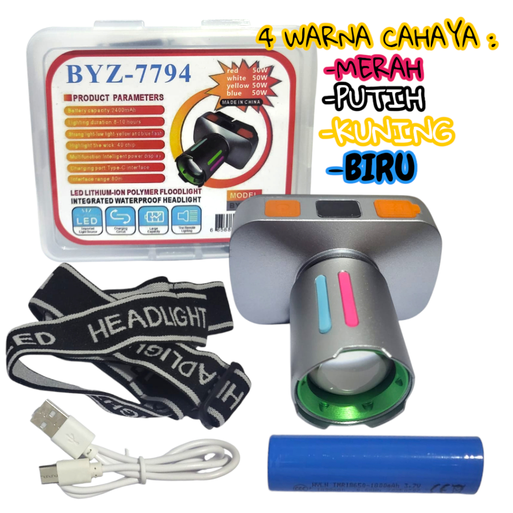Senter Kepala ZOOM 50Watt 4Warna cahaya( PUTIH , KUNING , BIRU, MERAH) 6 Mode pencahayaan rechargera