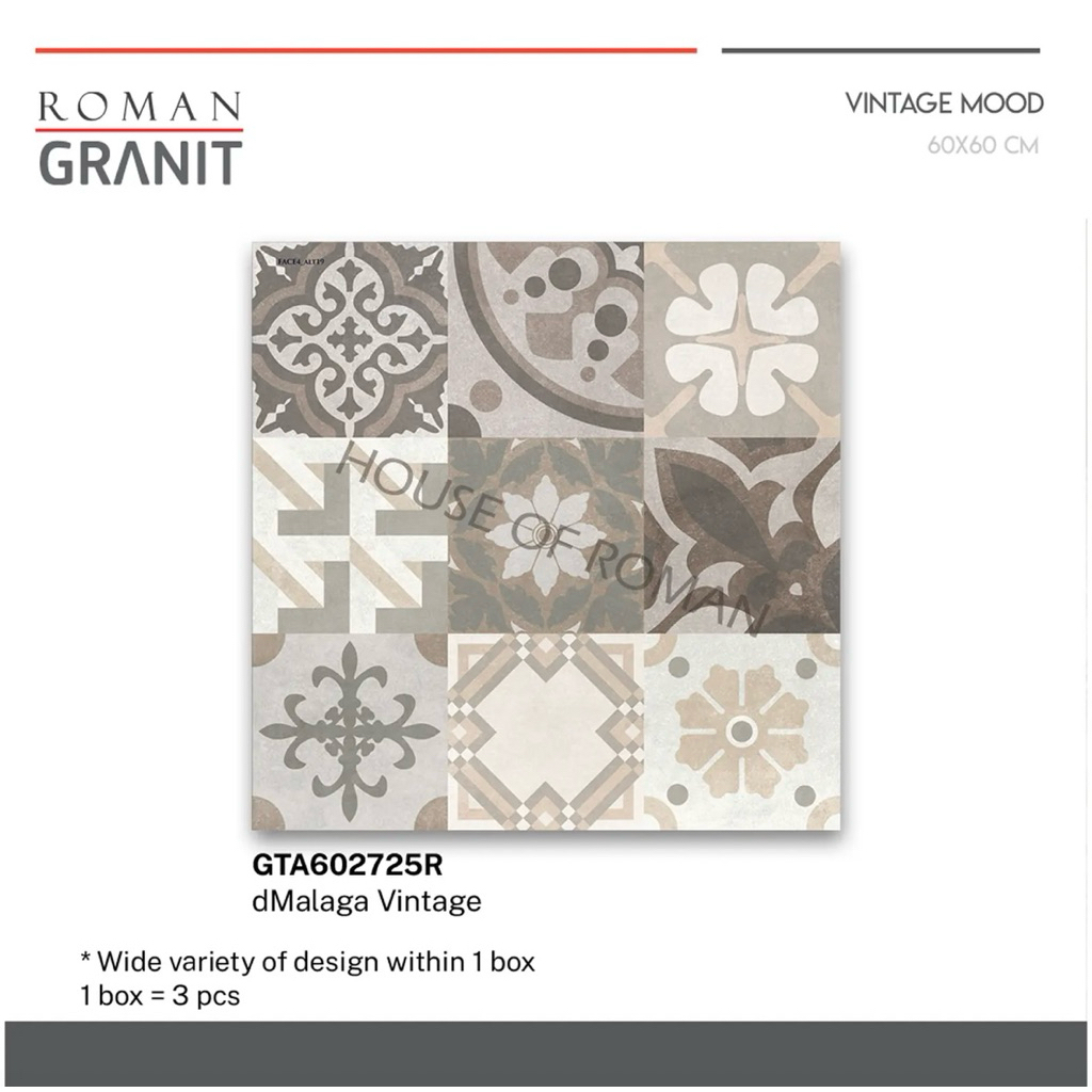 Roman Granit dMalaga Vintage GT602725R/Granit Vintage 60x60/Lantai Motif Kekinian/Tegel Coklat/Keram