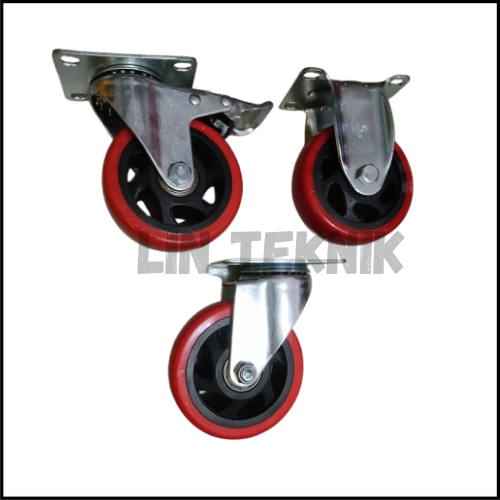 RODA PVC TRIPLE S 4" INCH HIDUP MATI REM DOUBLE BEARING TROLLEY TROLI TROLLY WHEEL KARET GEROBAK RED