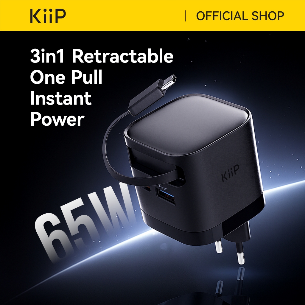 KiiP WH31 Adapter Charger 3in1 Fast Charging GaN 65W Retractable Cable