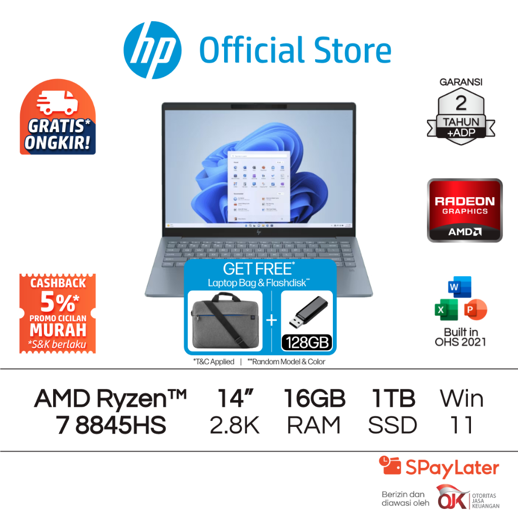 Laptop HP Pavilion Plus AMD Ryzen 7 Radeon 16GB RAM 1TB SSD Silver / Blue Windows 11 Home 14 Inch Ga